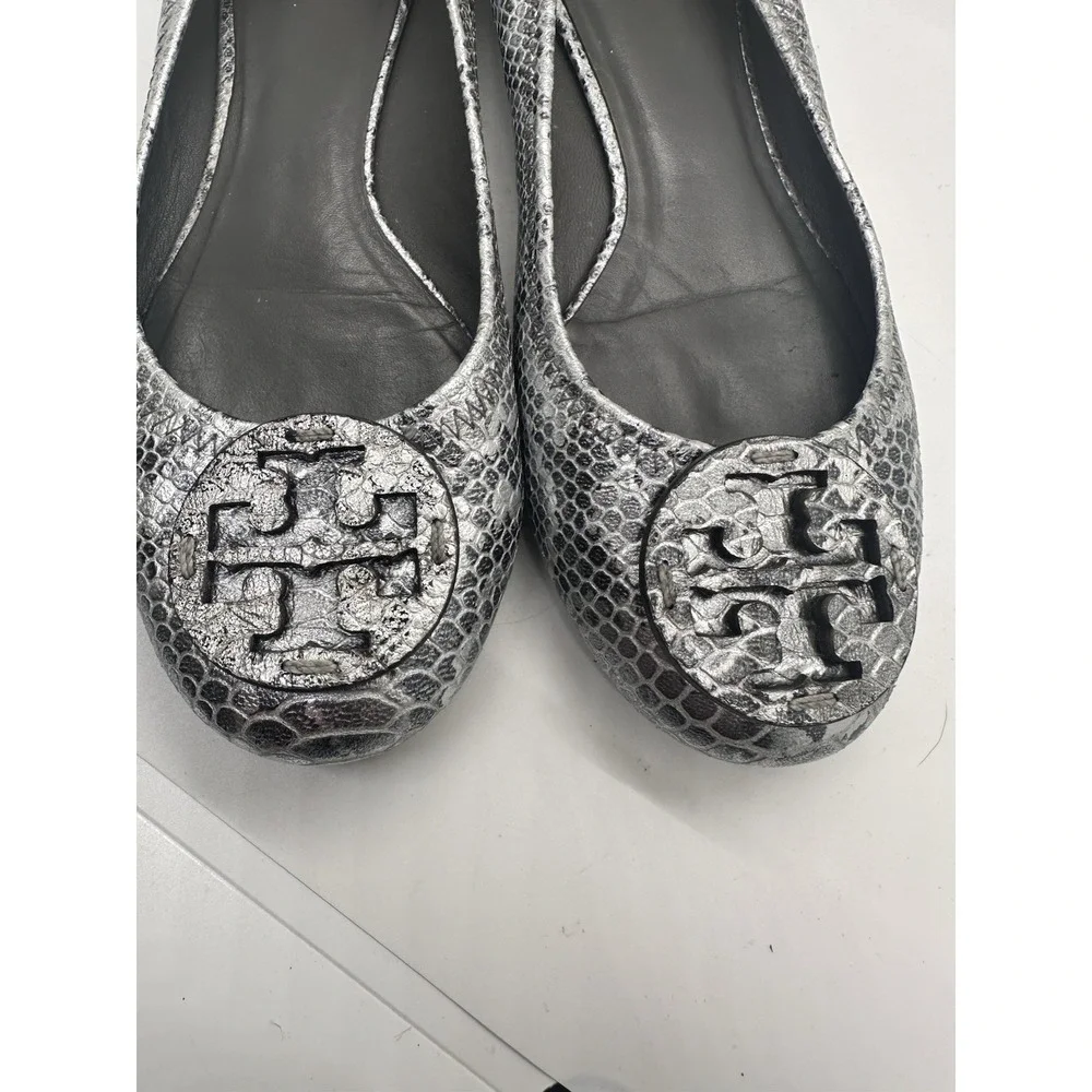 Tory Burch Reva Ballet Flats Silver Metallic Snake Embossed Leather Size 10M